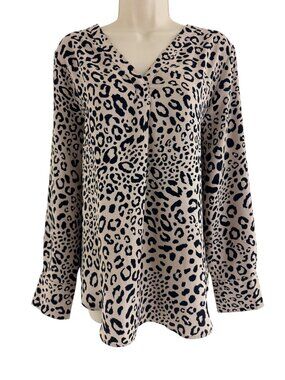 Ann Taylor Animal Leopard Print Long Sleeve Tunic Blouse Top Shirt Size L Office